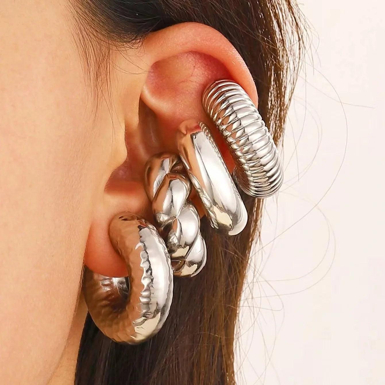4Pc/set Vintage Geometric Clip Earring Women Trendy Glossy C Shape No Piercing Fake Cartilage Ear Cuff Jewelry Accessories