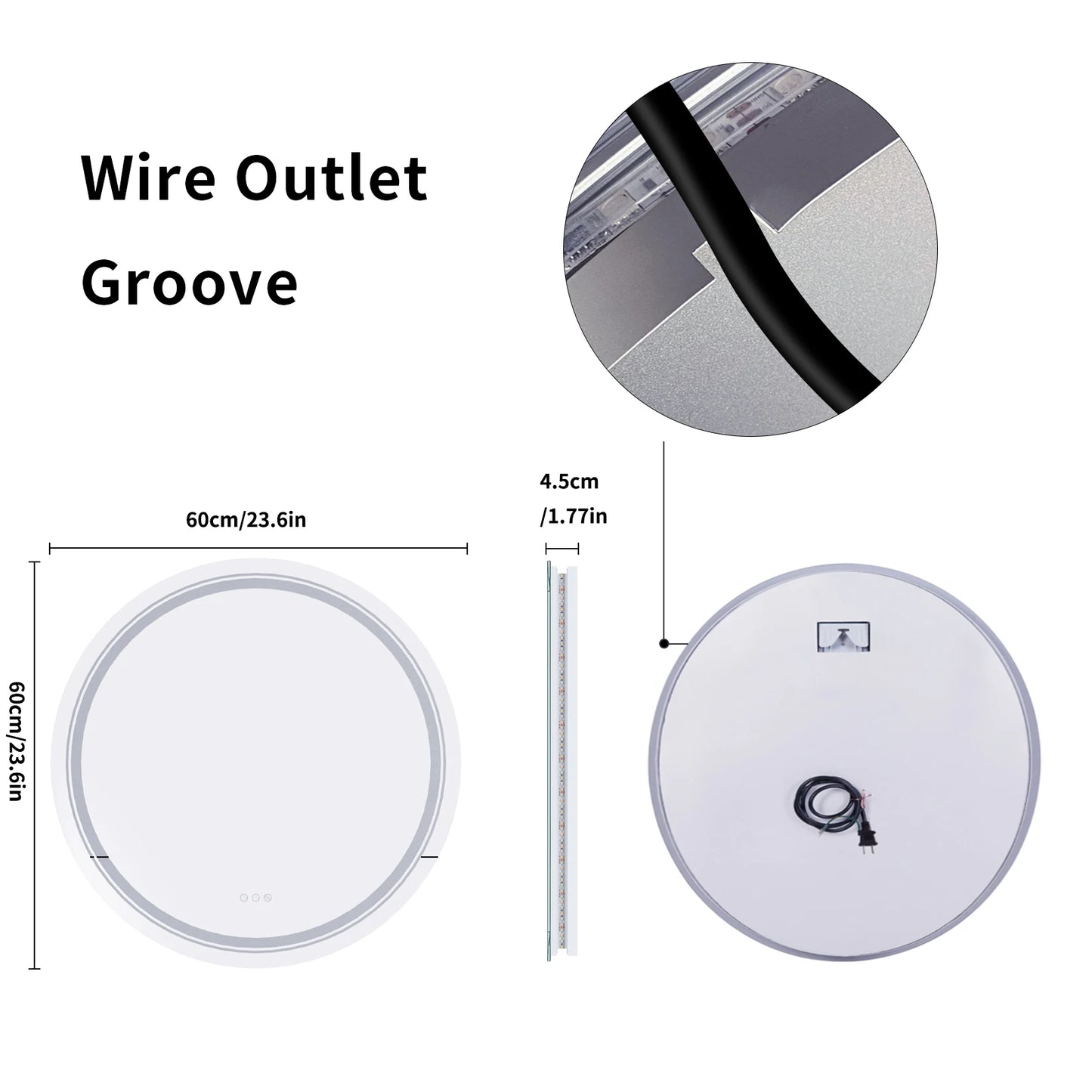 600mm LED Round Wall Mounted Vanity Mirror with Demister Pad Smart Touch Sensor Memory Function Backlit Front Lighted 3 Colors