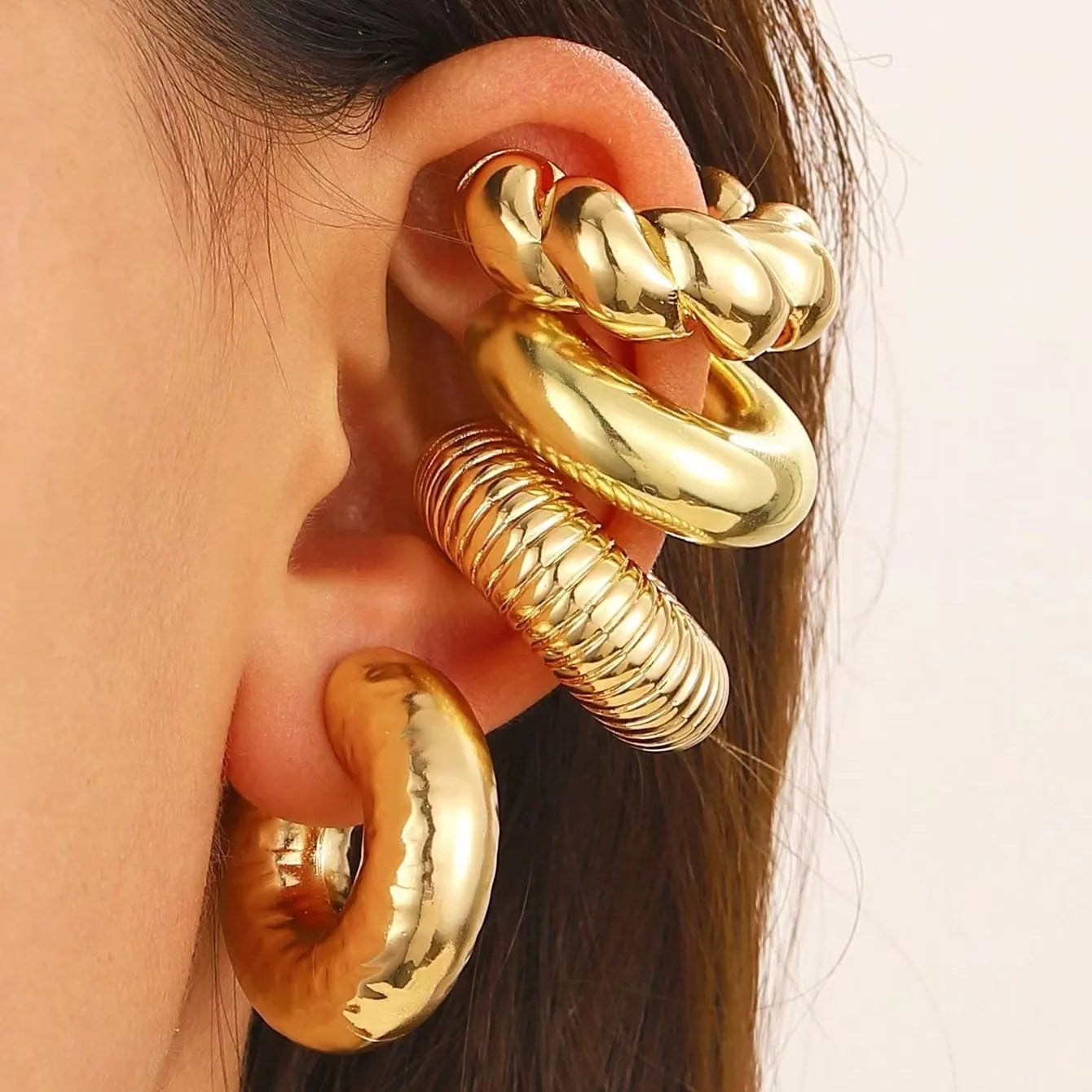 4Pc/set Vintage Geometric Clip Earring Women Trendy Glossy C Shape No Piercing Fake Cartilage Ear Cuff Jewelry Accessories