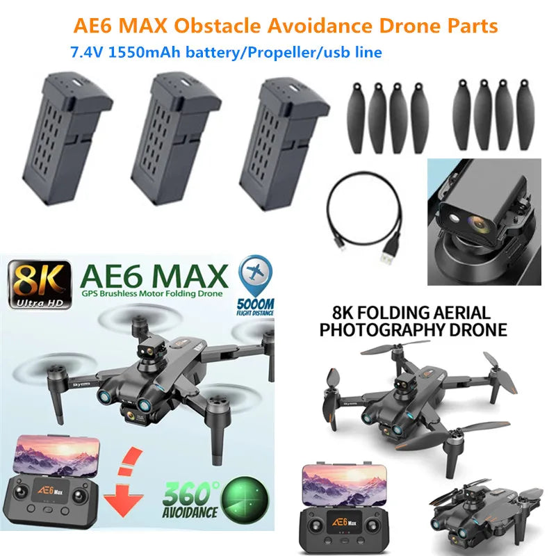 AE6 PRO MAX GPS Obstacle Avoidance Drone Accessories 7.4V 1550mAh Battery Propeller AE6 PRO max Drone Battery Blades AE6 Dron To