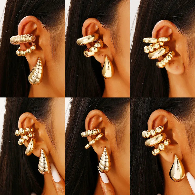 4Pc/set Vintage Geometric Clip Earring Women Trendy Glossy C Shape No Piercing Fake Cartilage Ear Cuff Jewelry Accessories
