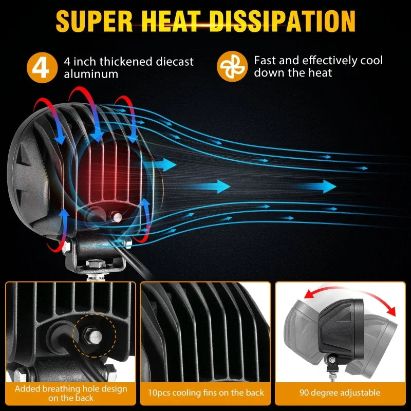 AUXBEAM 4 Inch 90W LED Driving Lights Work Fog Light for Truck Pickup Offroad (White&Amber 6 Modes)