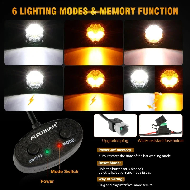 AUXBEAM 4 Inch 90W LED Driving Lights Work Fog Light for Truck Pickup Offroad (White&Amber 6 Modes)