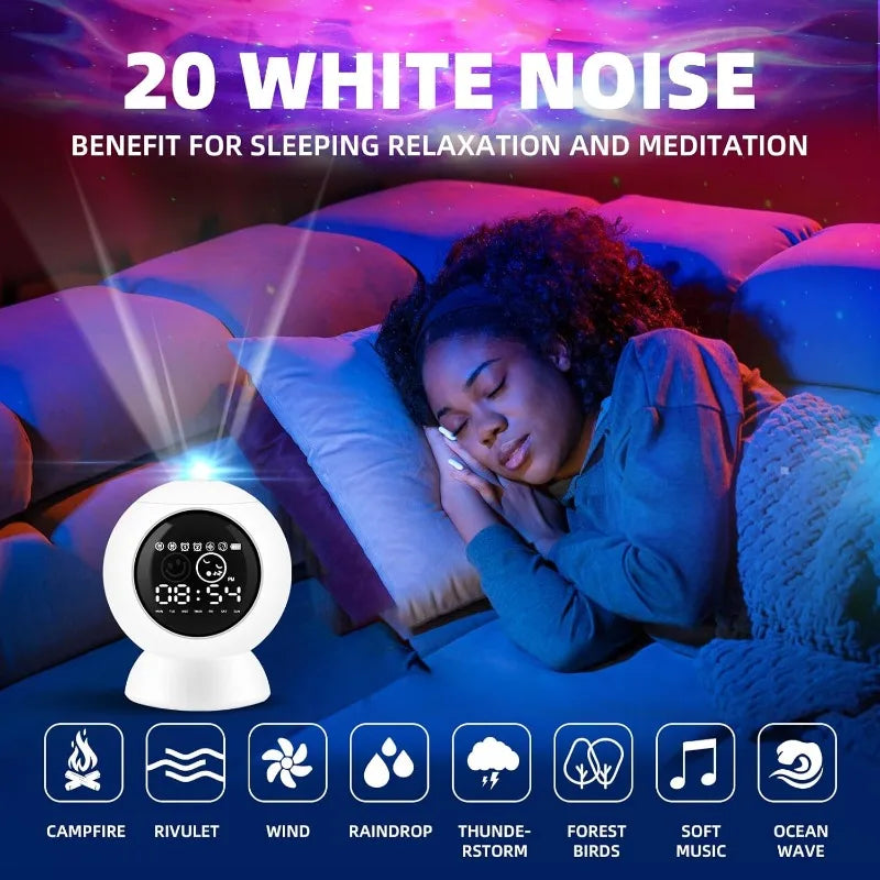 Alarm Clock Star Projector for Kids Bedroom, Bluetooth Speaker and White Noise Galaxy Lamp, Starry Night Light with Timer