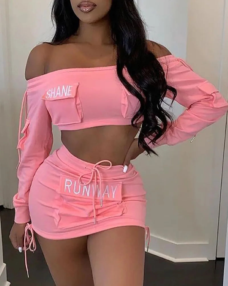 Women's Sweet Suits 2024 Spring Summer Latest Elegant American Exy Pocket Design Letter One Line Neck Short Top Short Skirt Set