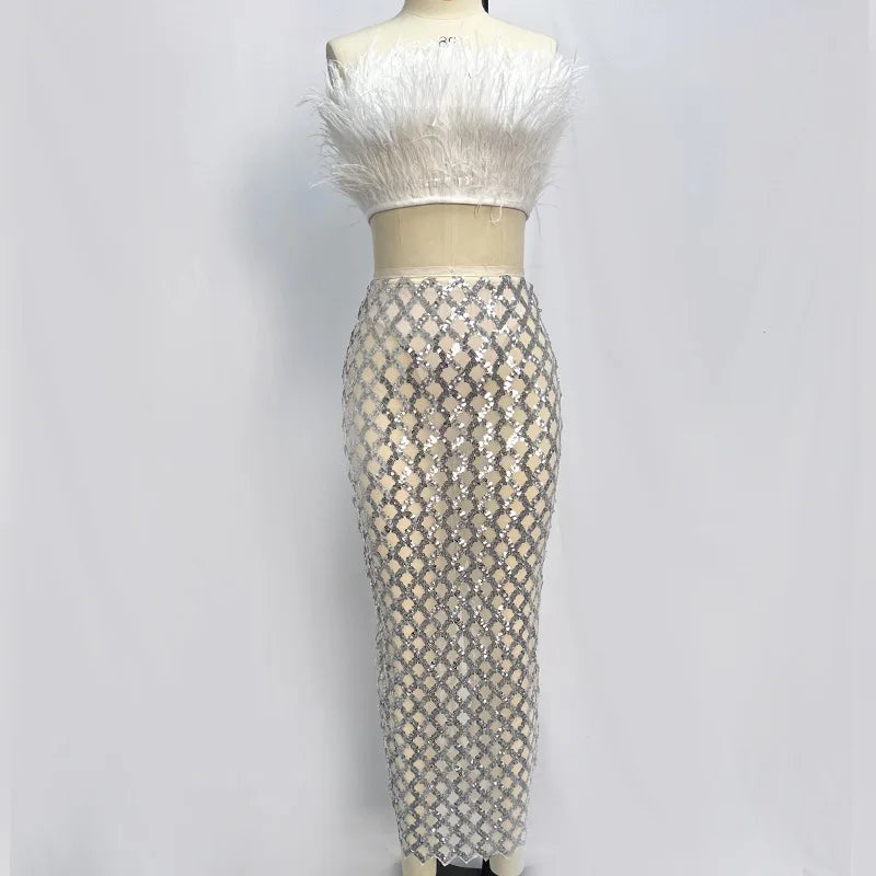 Women Strapless Feather Sequins White Black Long Bodycon Bandage Skirt Set 2024 Elegant Luxury Evening Club Birthday Party Dress