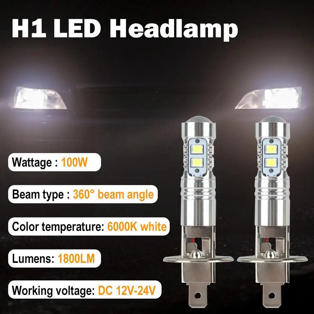 2pcs H1 Led Headlamp Bulb 6000k 100w High Low Beam Bulbs Truck Auto Light Fog Suv Driving White Headlamp Car M5n4
