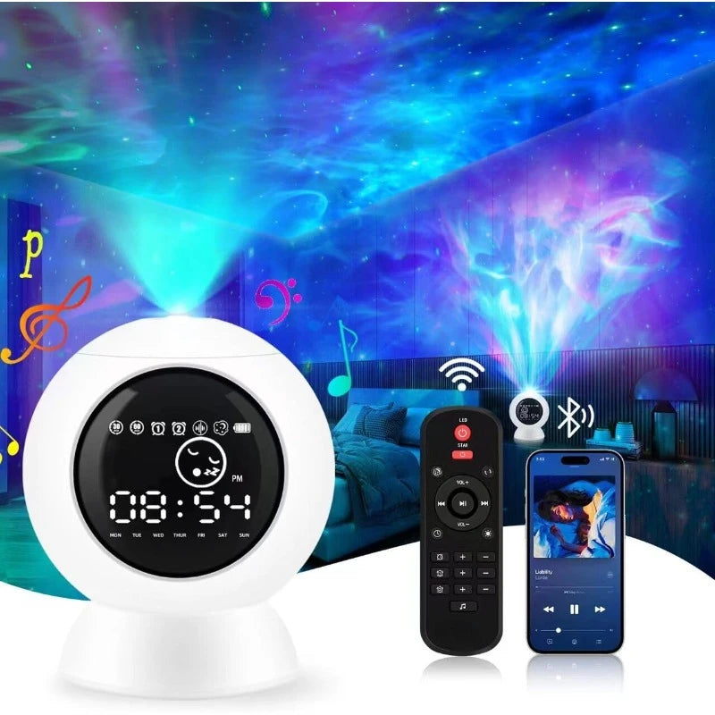 Alarm Clock Star Projector for Kids Bedroom, Bluetooth Speaker and White Noise Galaxy Lamp, Starry Night Light with Timer