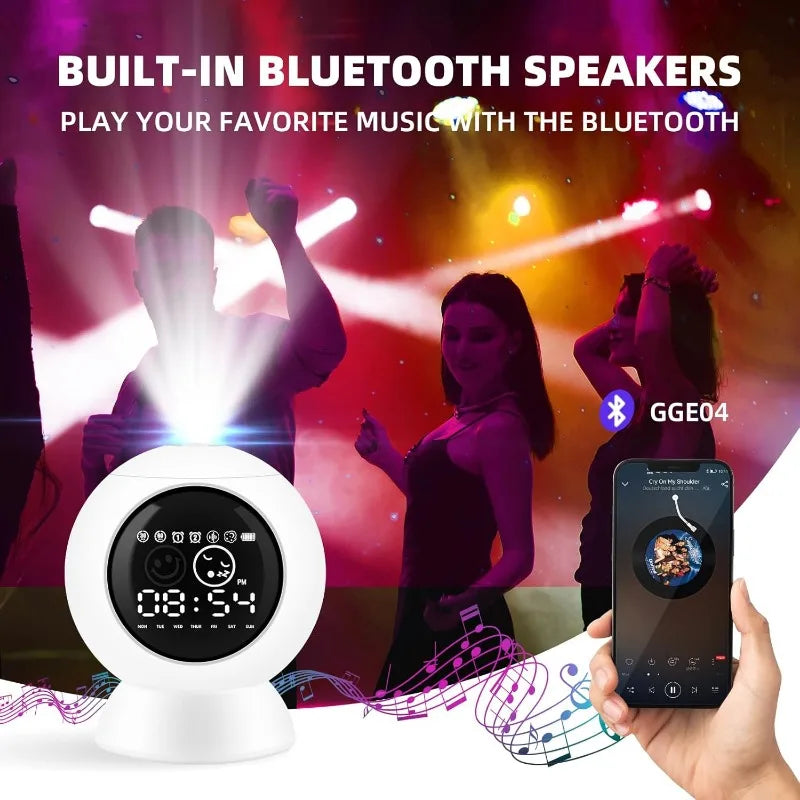 Alarm Clock Star Projector for Kids Bedroom, Bluetooth Speaker and White Noise Galaxy Lamp, Starry Night Light with Timer