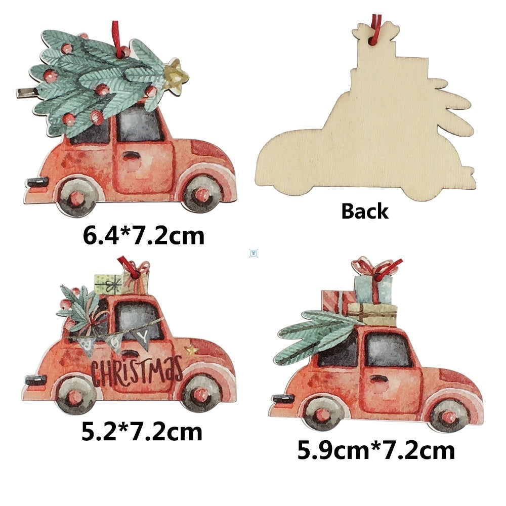 3Pcs Vintage Christmas Truck With Tree Ornaments Wooden
