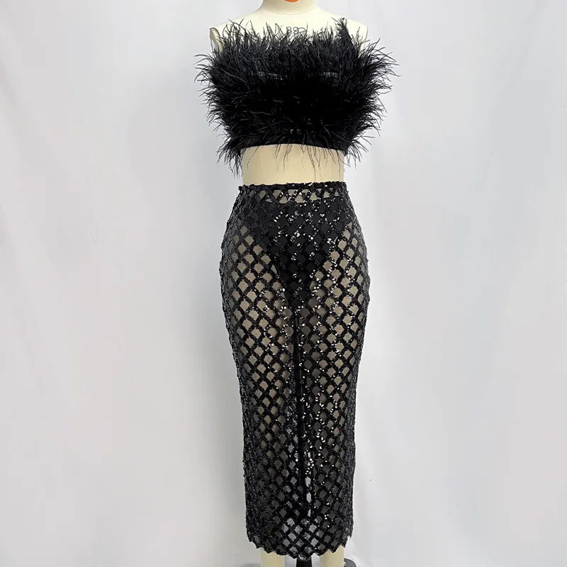 Women Strapless Feather Sequins White Black Long Bodycon Bandage Skirt Set 2024 Elegant Luxury Evening Club Birthday Party Dress