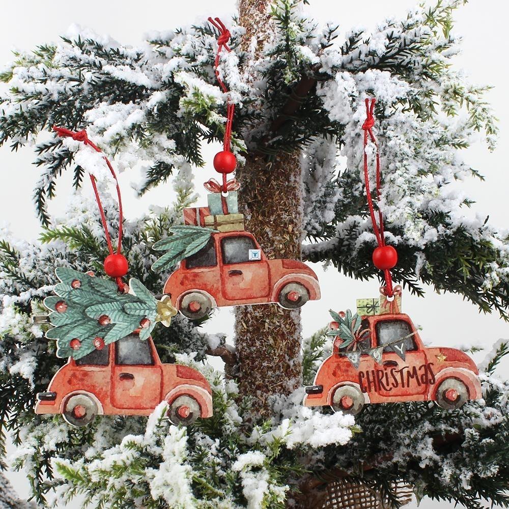 3Pcs Vintage Christmas Truck With Tree Ornaments Wooden