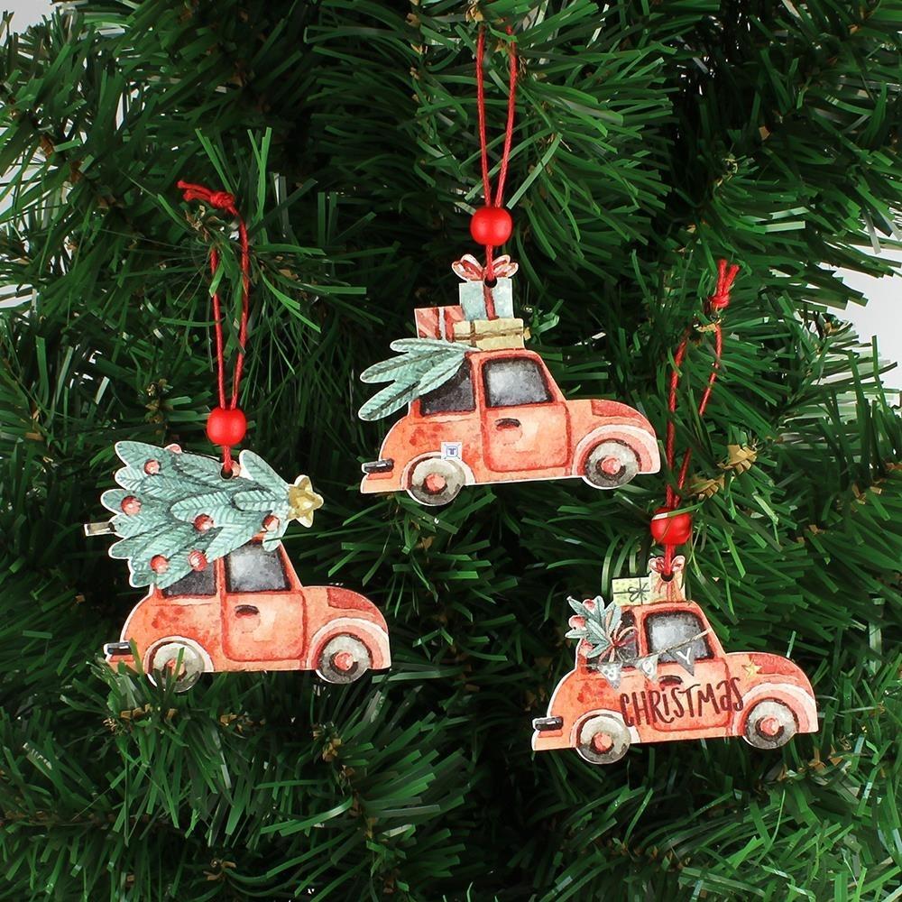 3Pcs Vintage Christmas Truck With Tree Ornaments Wooden
