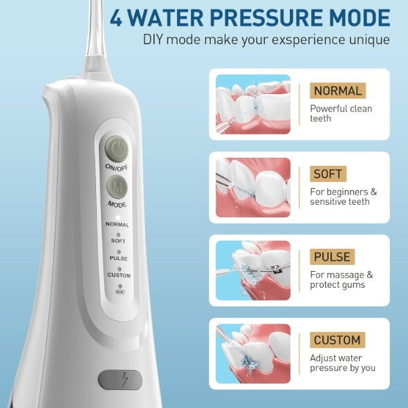 Water Dental Flosser Cordless For Teeth Cleaning With 4 Modes Oral Irrigator 5 Replaceable Jet Tips Portable And Rechargeable IPX7 Waterproof Teeth Cleaner For Home And Travel