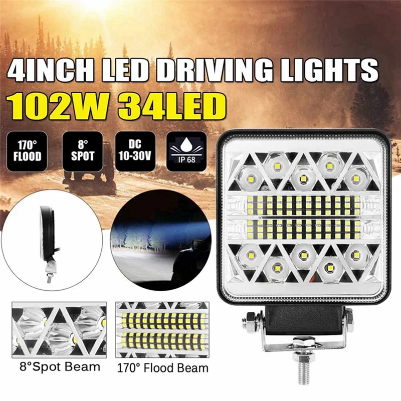 102W 10-30V 4Inch 34LED Work Light Bar Car SUV Off Road Spotlight Driving Fog Lamp Bulb 39800LM 6000K for Car Truck SUV