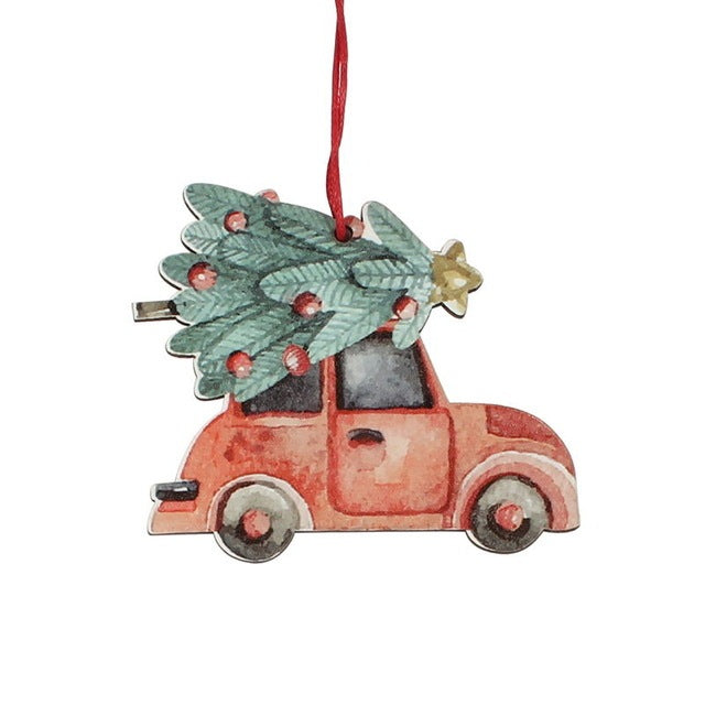 3Pcs Vintage Christmas Truck With Tree Ornaments Wooden
