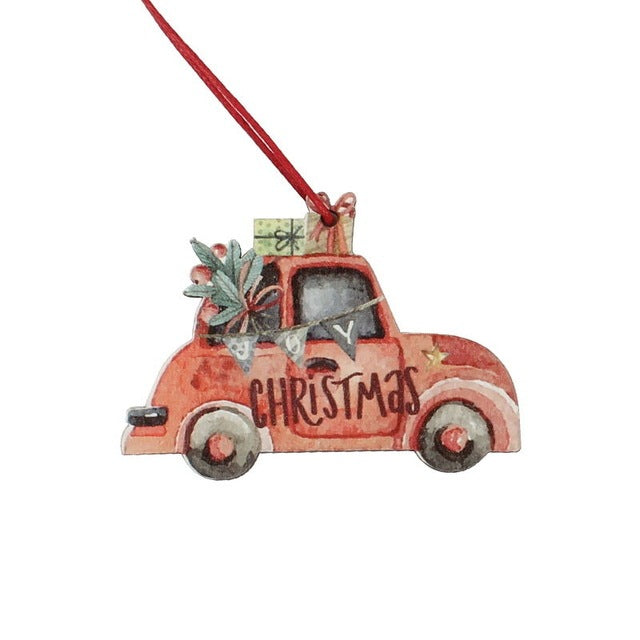 3Pcs Vintage Christmas Truck With Tree Ornaments Wooden
